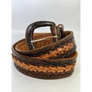 Vintage Stitched Leather Belt 36 Southwestern Handmade Tooled Brown Distressed